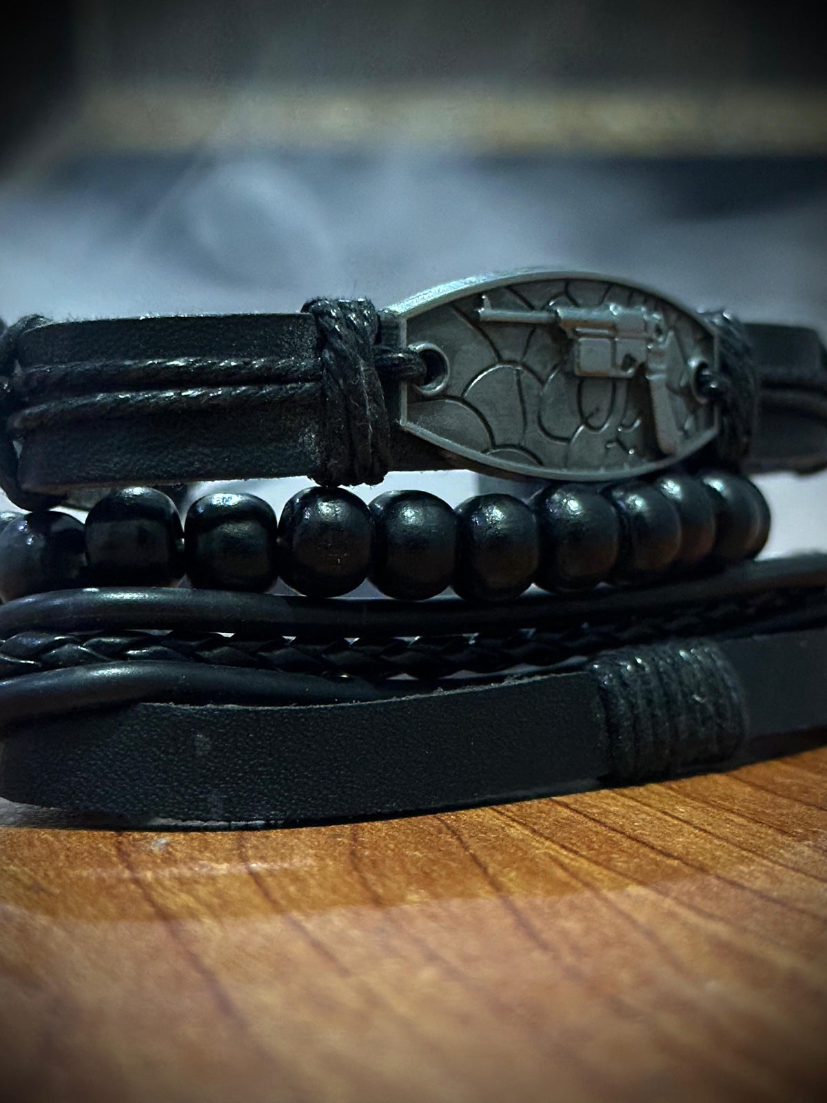 Men's Black Leather Bracelet with Gun Pendant – Stylish Beaded Multi-Layer Design