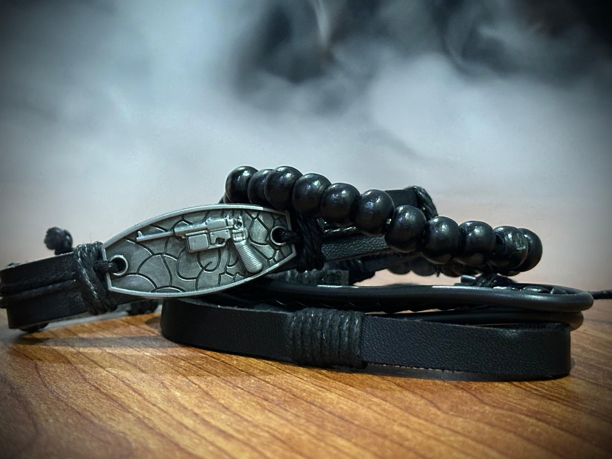 Men's Black Leather Bracelet with Gun Pendant – Stylish Beaded Multi-Layer Design